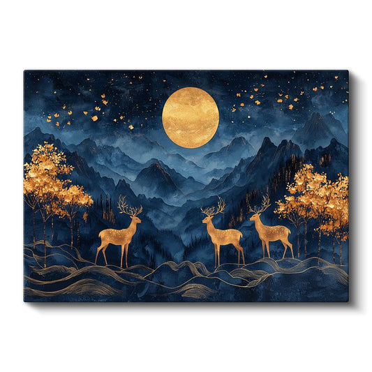 Ay Işığı Geyikleri - Gece Semasında Üçlü Silüet Kanvas Tablo