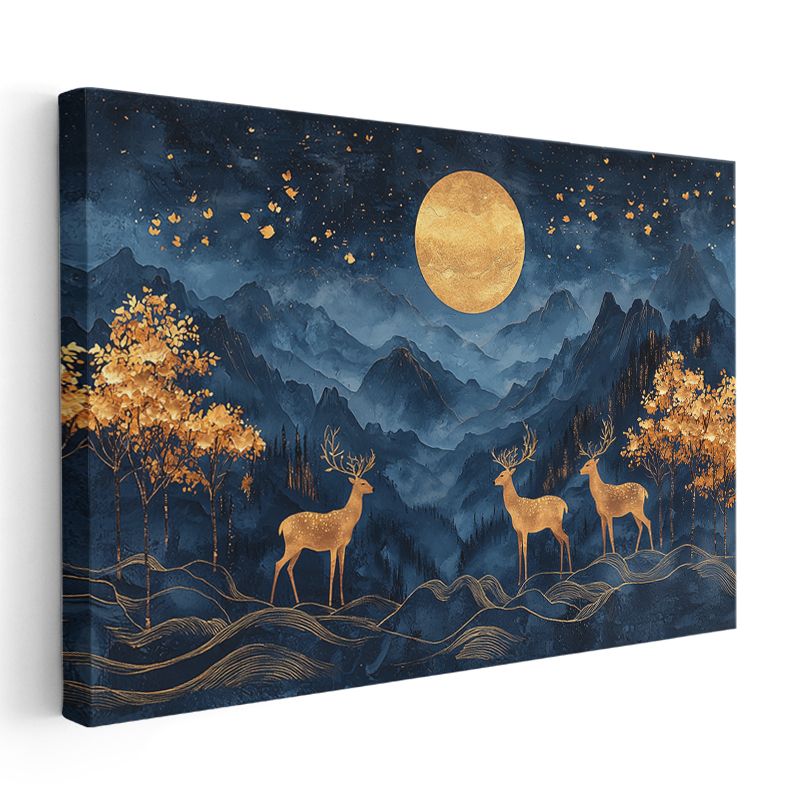 Ay Işığı Geyikleri - Gece Semasında Üçlü Silüet Kanvas Tablo