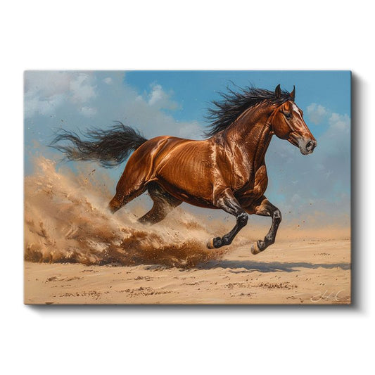 Kumsal Koşusu - Kahverengi Atın Hızlı Adımları Kanvas Tablo