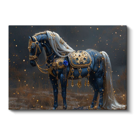 Mavi At - Altın Detaylarla Süslenmiş Fantezi Kanvas Tablo