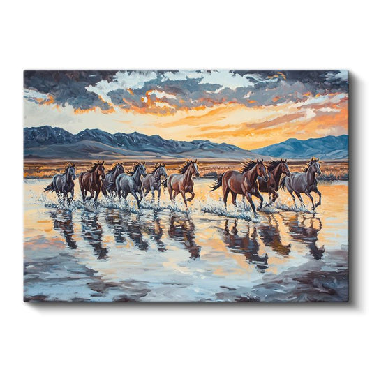 Yağlı Boya Atlar - Suda Sıçrayan Sürünün Özgürlüğü Kanvas Tablo