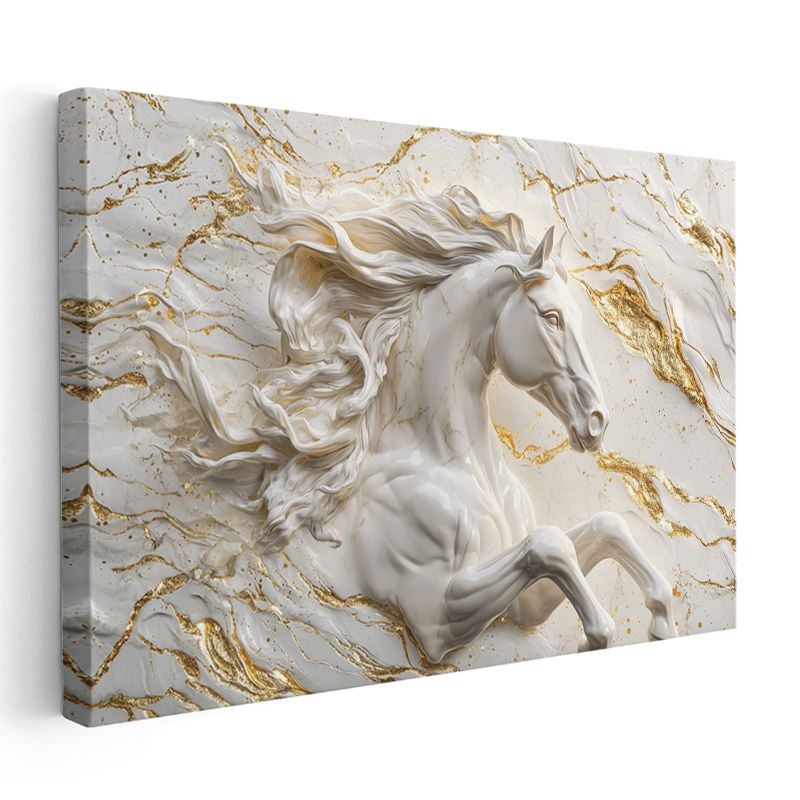 Mermer At - Altın Detaylı Beyaz Heykel Kanvas Tablo