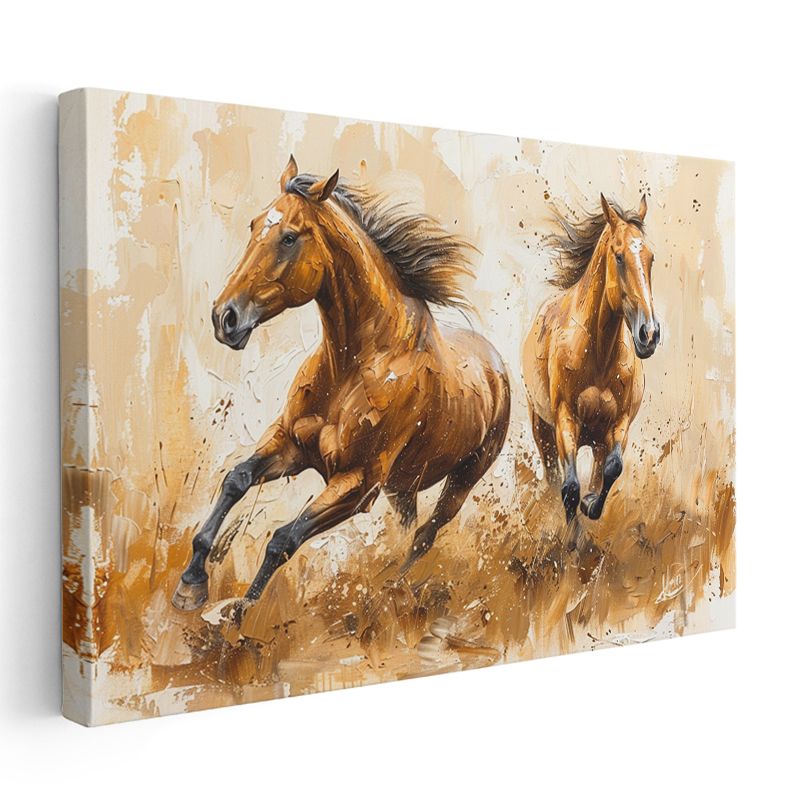 Koşan Atlar - Yağlı Boya Kahverengi İkili Kanvas Tablo