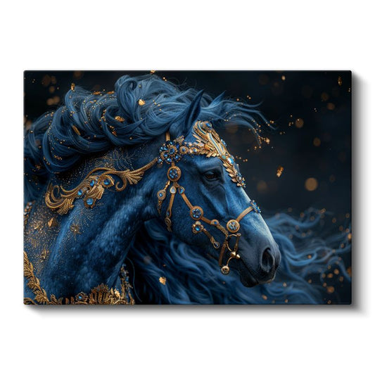 Mavi Fantezi At - Altın Detaylarla Süslenmiş Asil Portre Kanvas Tablo