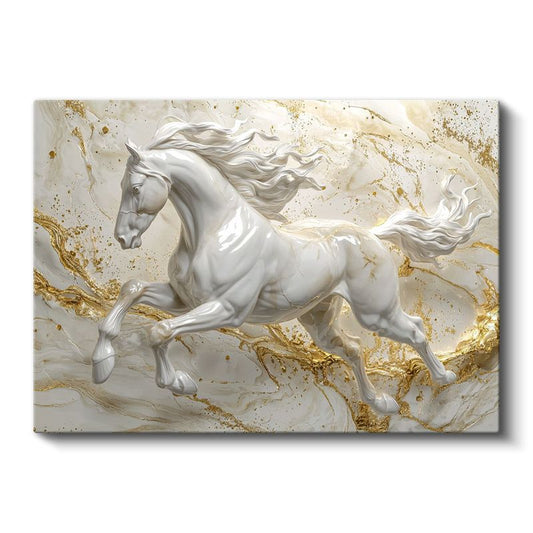 Asil Beyaz At - Altın Detaylı Mermer Efektli Kanvas Tablo