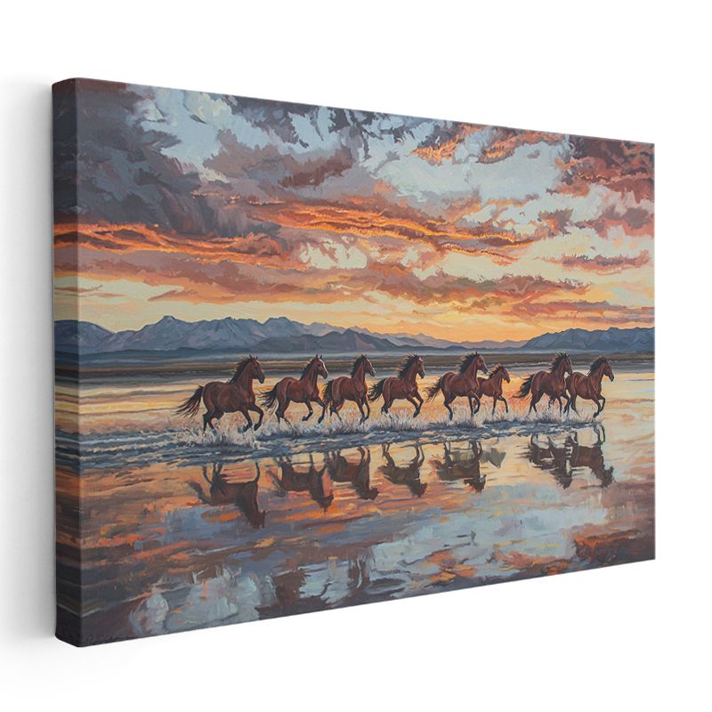 Koşan At Sürüsü - Alev Renkli Sularda Yansıma Kanvas Tablo