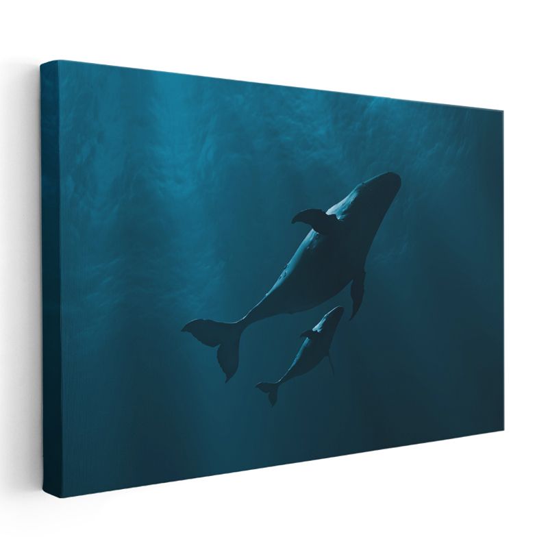Derin Suda Yunuslar - Mavi Tonlarda Anne Yavru Kanvas Tablo