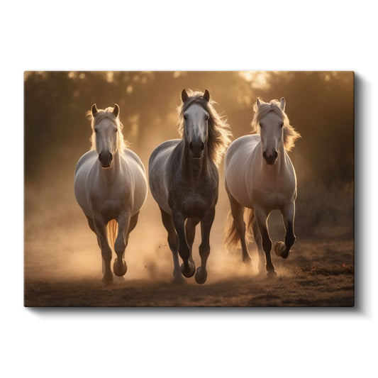 Üçlü At Koşusu - Altın Işıklı Tozlu Yolda Kanvas Tablo