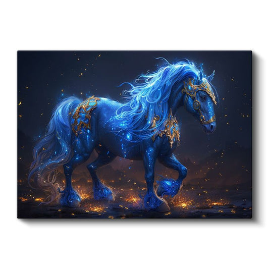 Fantastik Mavi At - Altın Detaylı Büyülü Görünüm Kanvas Tablo