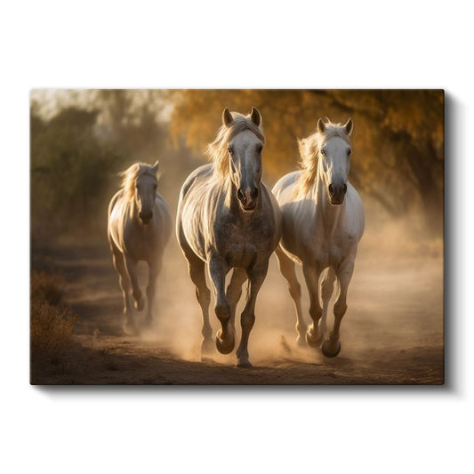 Beyaz At Sürüsü - Altın Tozlu Yolda Koşu Kanvas Tablo