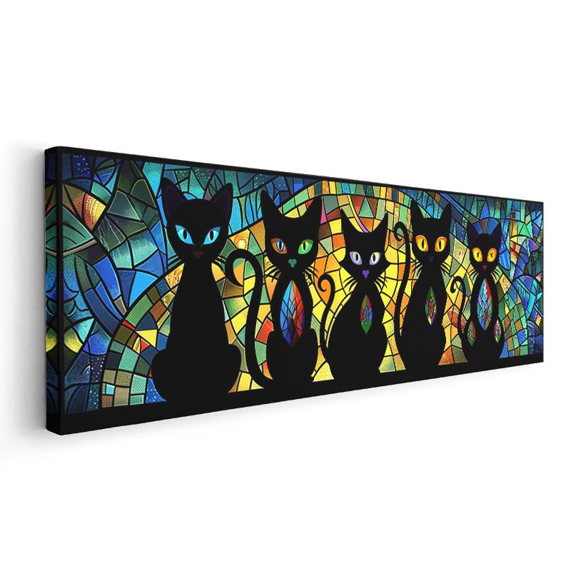 Mistik Kediler - Vitray Desenli Siyah Kedi Siluetleri Kanvas Tablo
