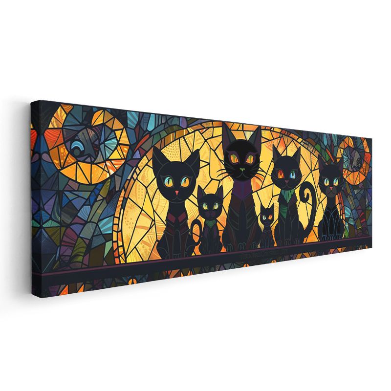 Kedi Ailesi - Vitray Desenli Farklı Boyutlarda Kediler Kanvas Tablo
