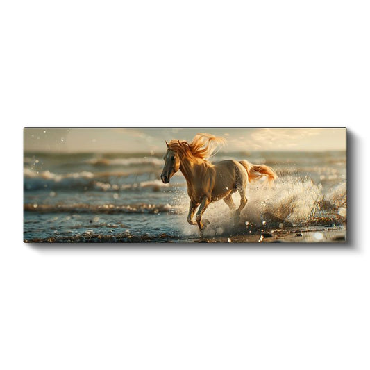 Altın Dalgalar - Su Sıçratarak Koşan Krem At Kanvas Tablo