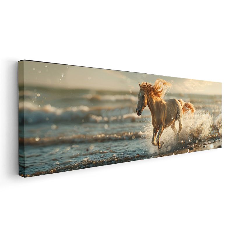 Altın Dalgalar - Su Sıçratarak Koşan Krem At Kanvas Tablo