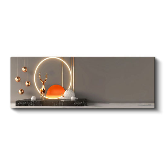 Modern Geyik - Işıklı Çember İçinde Altın Heykel Kanvas Tablo