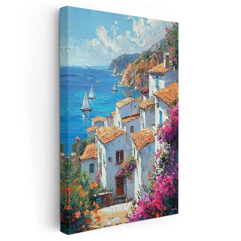 Akdeniz Kasabası - Beyaz Evler ve Çiçekli Sokaklar Kanvas Tablo