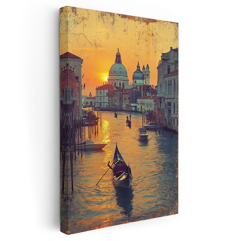 Venedik Kanalları - Altın Gün Batımında Gondollar Kanvas Tablo