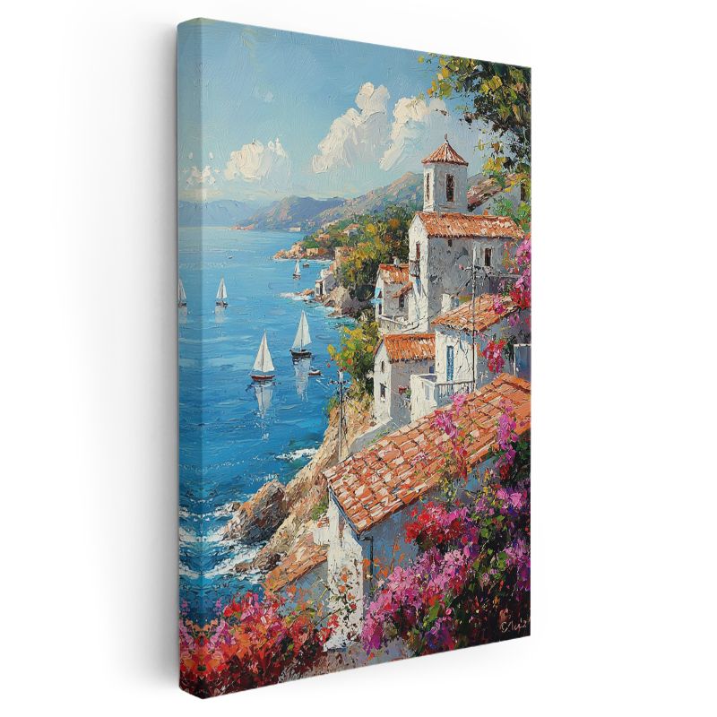 Akdeniz Kıyısı - Beyaz Evler ve Çiçekli Sokaklar Kanvas Tablo