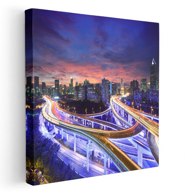 Şehir Kavşakları - Gece Işıklarında Otoyol Manzarası Kanvas Tablo