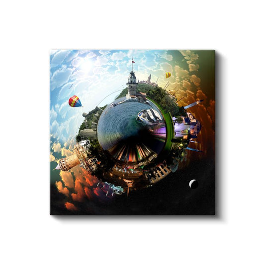 Panoramik Şehir - 360 Derece Küresel Perspektif Kanvas Tablo