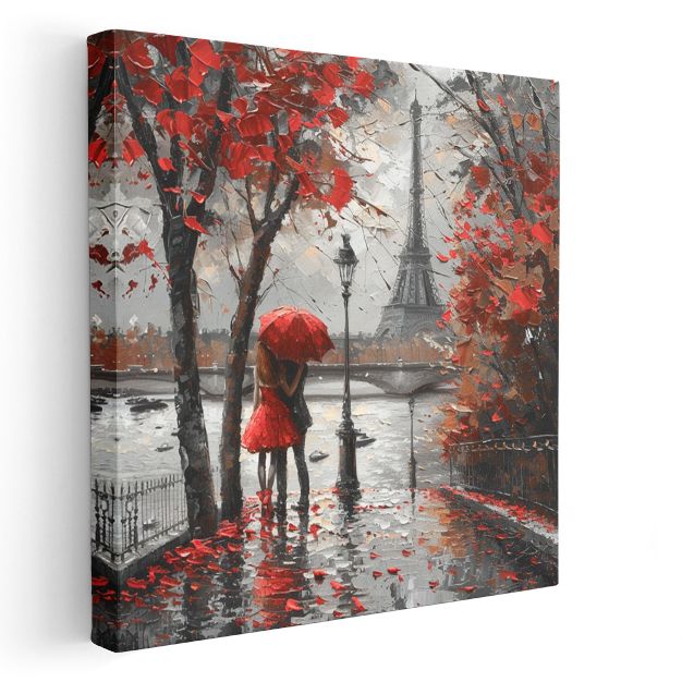 Paris'te Aşk - Kırmızı Şemsiyeli Romantizm Kanvas Tablo