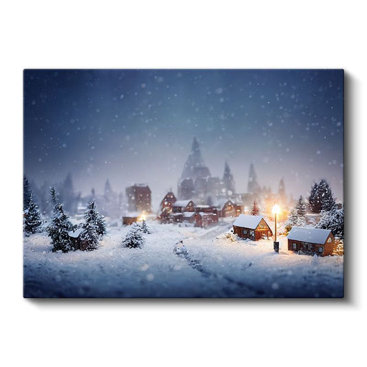 Kış Köyü - Karlı Gecede Işıklar Kanvas Tablo