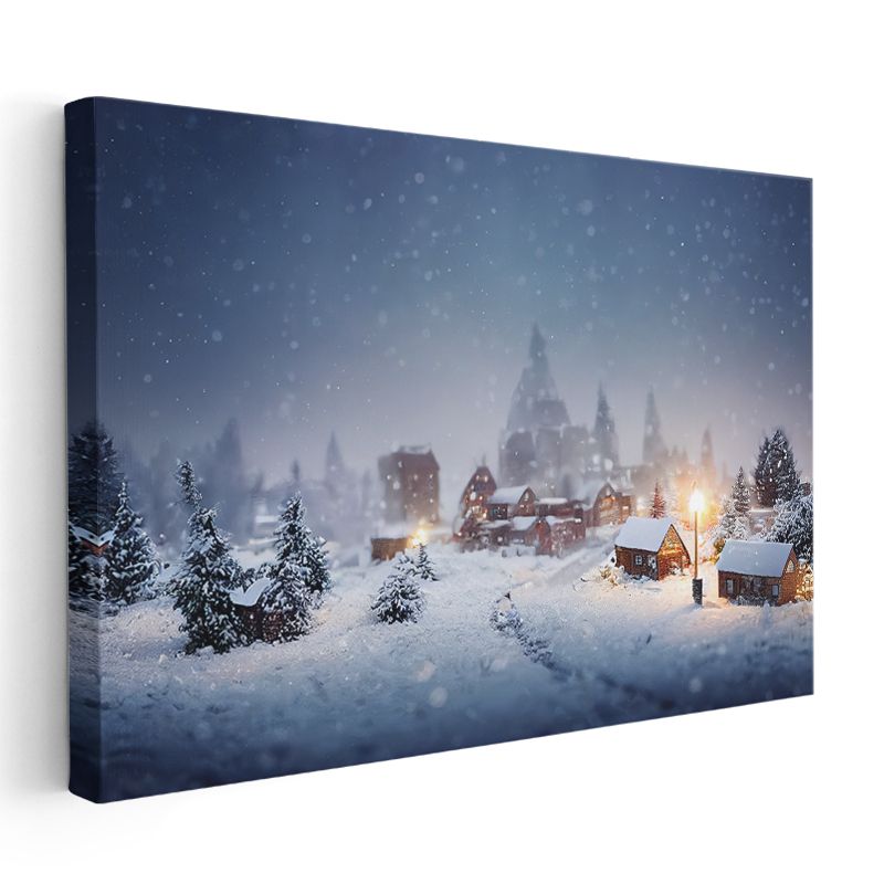 Kış Köyü - Karlı Gecede Işıklar Kanvas Tablo