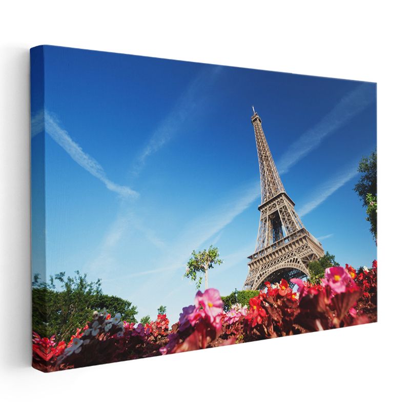 Eyfel Kulesi - Bahar Çiçekleri ve Mavi Gökyüzü Kanvas Tablo