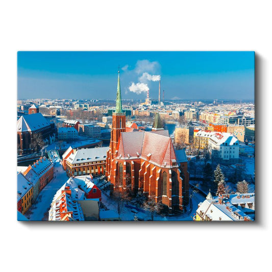 Kırmızı Kilise - Karlı Şehir Panoraması Kanvas Tablo