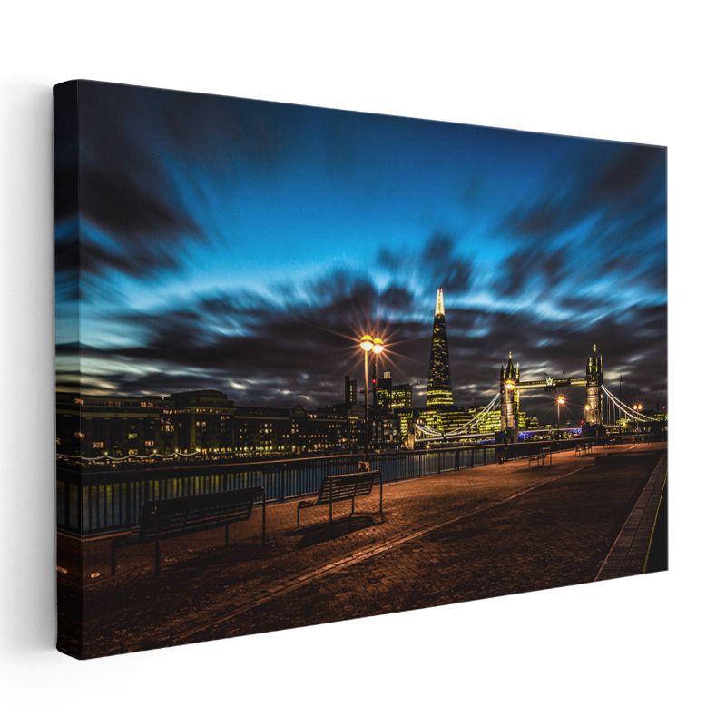 Londra Gece Manzarası - Tower Bridge ve Shard Silüeti Kanvas Tablo