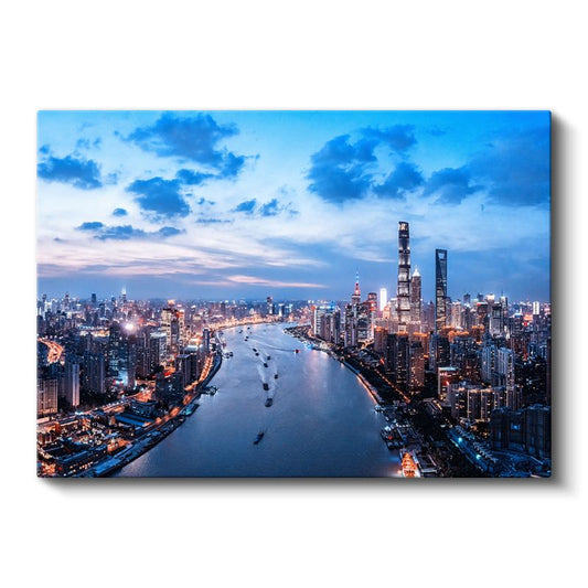 Şanghay Nehri - Işıklı Gökdelenler Panoraması Kanvas Tablo