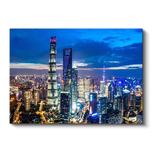 Şanghay Kuleleri - Gece Işıltısında Modern Mimari Kanvas Tablo