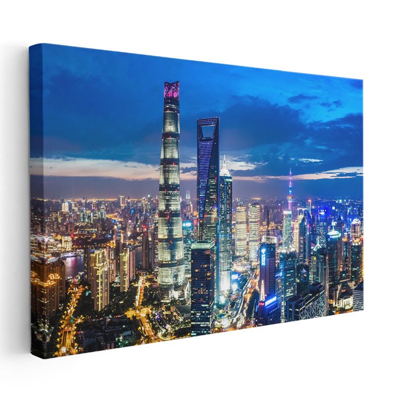 Şanghay Kuleleri - Gece Işıltısında Modern Mimari Kanvas Tablo