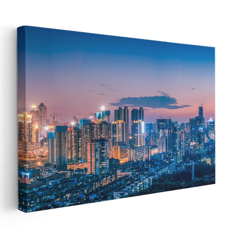 Gece Şehir Silüeti - Mavi Pembe Gökyüzü Altında Kanvas Tablo