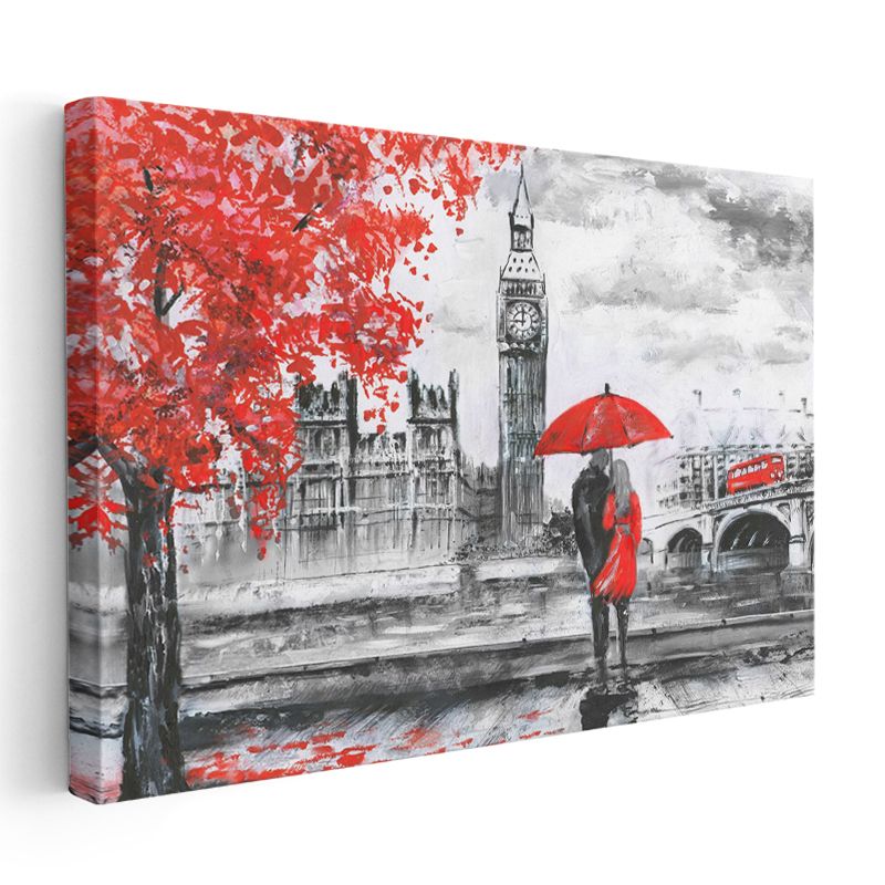 Londra Aşıkları - Kırmızı Detaylı Big Ben Kanvas Tablo