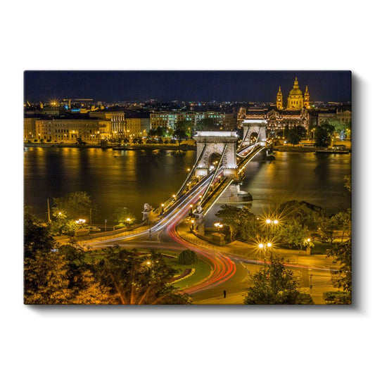 Budapeşte Köprüsü - Gece Işıkları Altında Kanvas Tablo