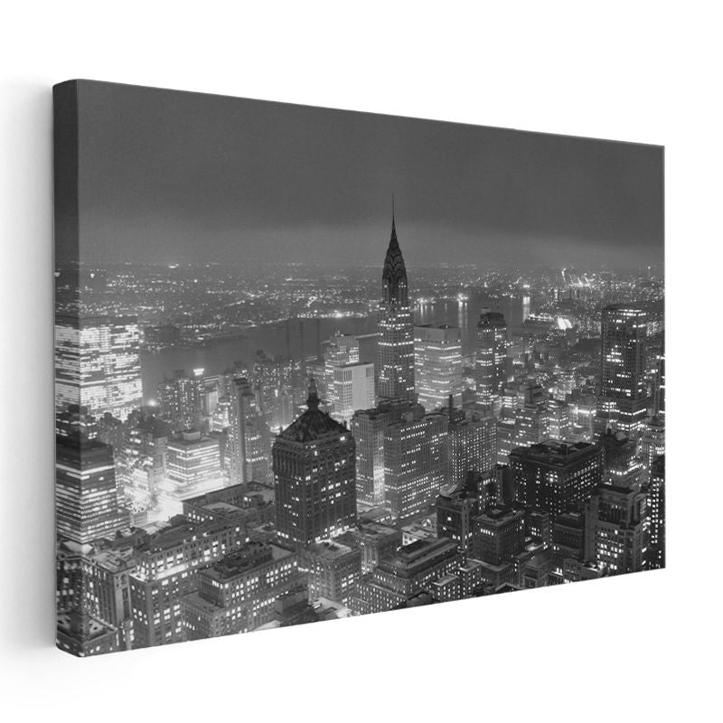 New York Gece Manzarası - Siyah Beyaz Şehir Silüeti Kanvas Tablo