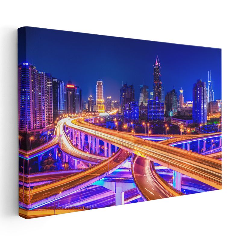 Şehir Kavşakları - Neon Işıklar Altında Kanvas Tablo