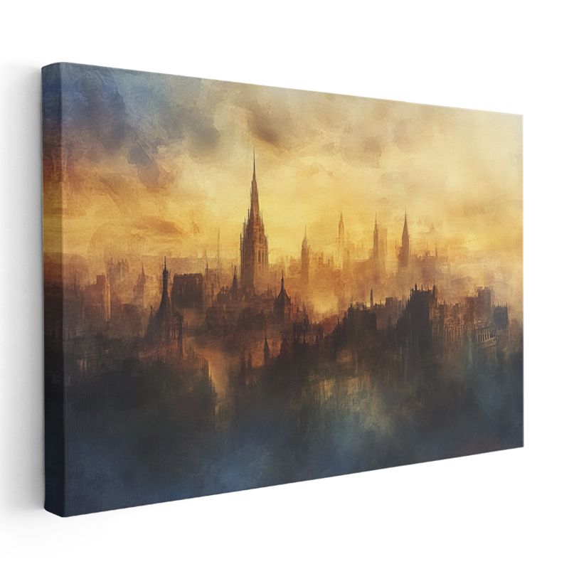 Tarihi Şehir Silüeti - Sanatsal Sulu Boya Kanvas Tablo