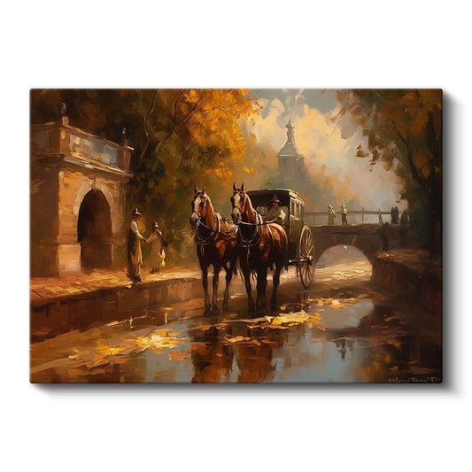 Sonbahar Manzarası - Atlı Araba Kanvas Tablo
