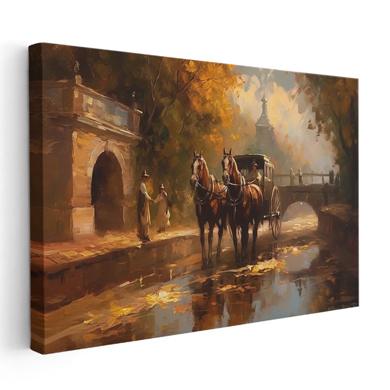 Sonbahar Manzarası - Atlı Araba Kanvas Tablo