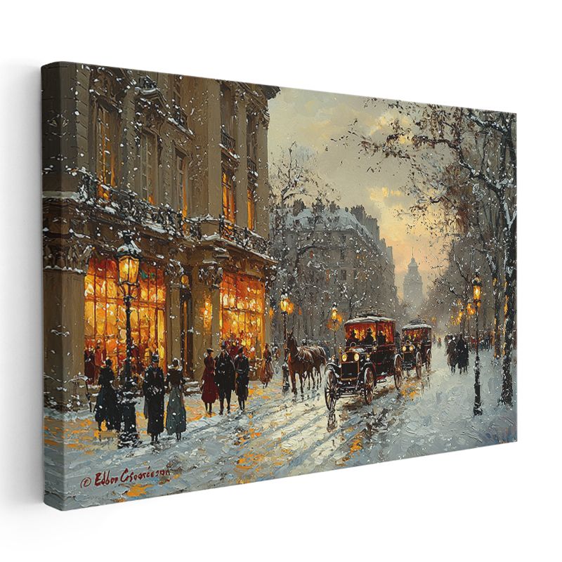 Nostaljik Kış Sokağı - Atlı Arabalar ve Işıklı Dükkanlar Kanvas Tablo