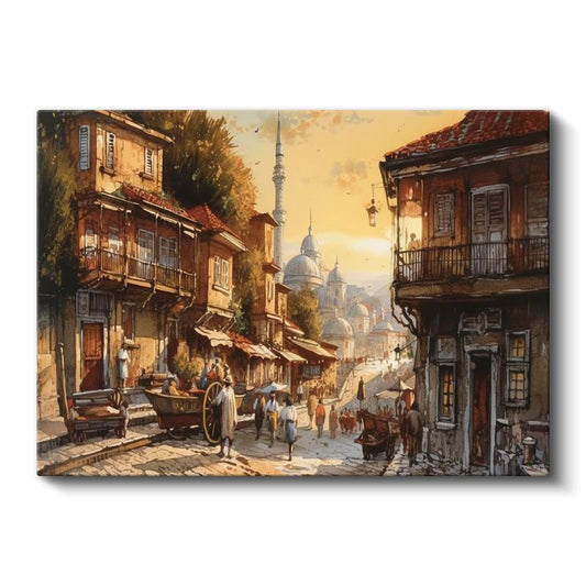 Osmanlı Sokağı - Cami Manzaralı Ahşap Evler Kanvas Tablo