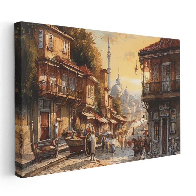 Osmanlı Sokağı - Cami Manzaralı Ahşap Evler Kanvas Tablo