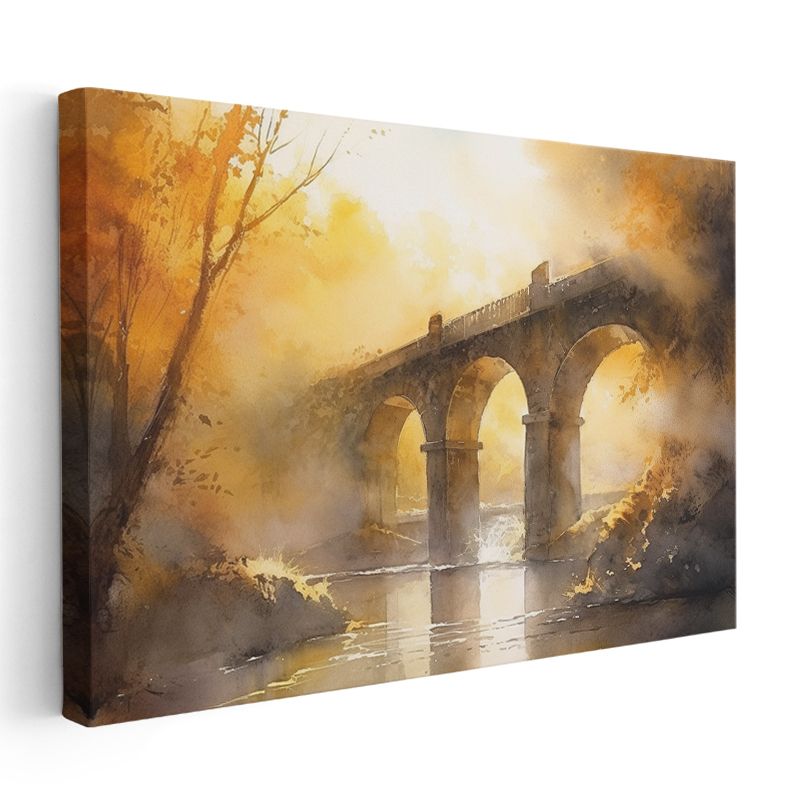 Taş Köprü - Altın Sarısı Işıkta Nehir Manzarası Kanvas Tablo