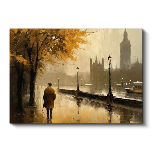 Westminster Silueti - Nehir Kenarında Sonbahar Yürüyüşü Kanvas Tablo
