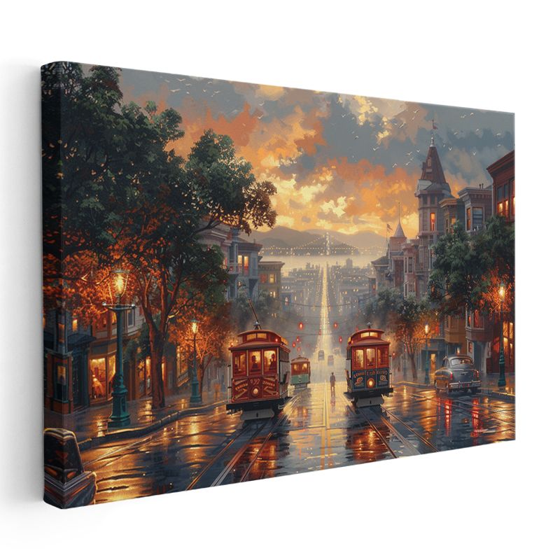 San Francisco Tramvayları - Işıklı Cadde Manzarası Kanvas Tablo
