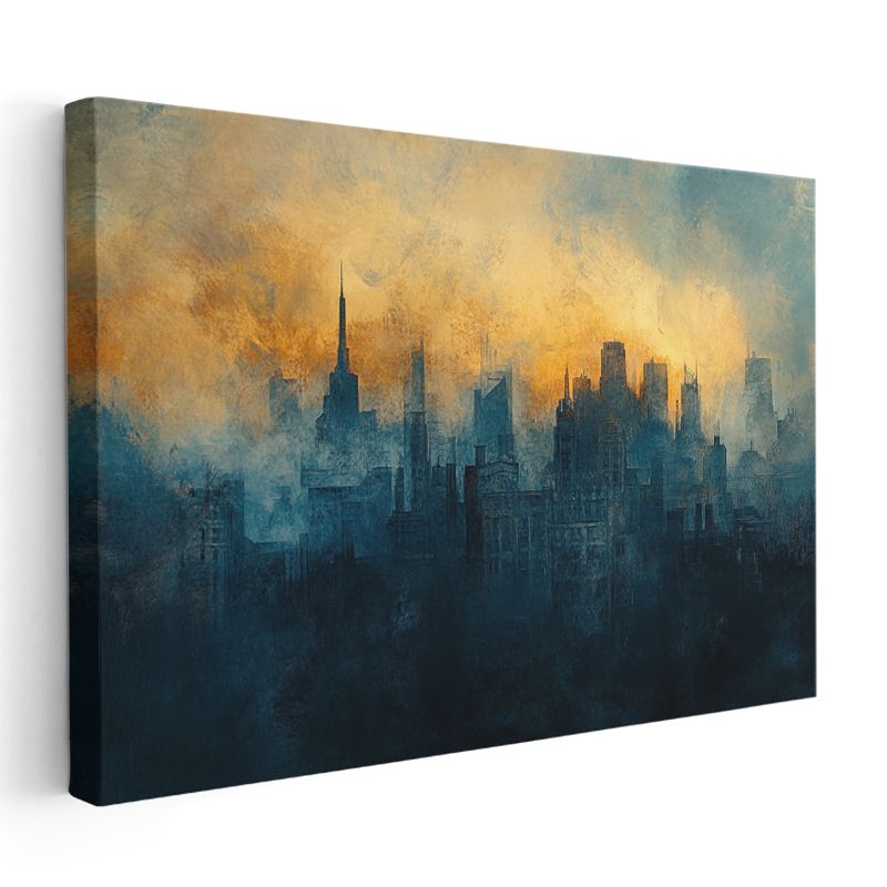 Modern Şehir Silueti - Altın Gökyüzü Altında Gökdelenler Kanvas Tablo