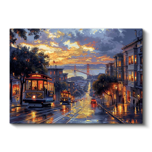 San Francisco Tramvayları - Golden Gate Manzaralı Cadde Kanvas Tablo