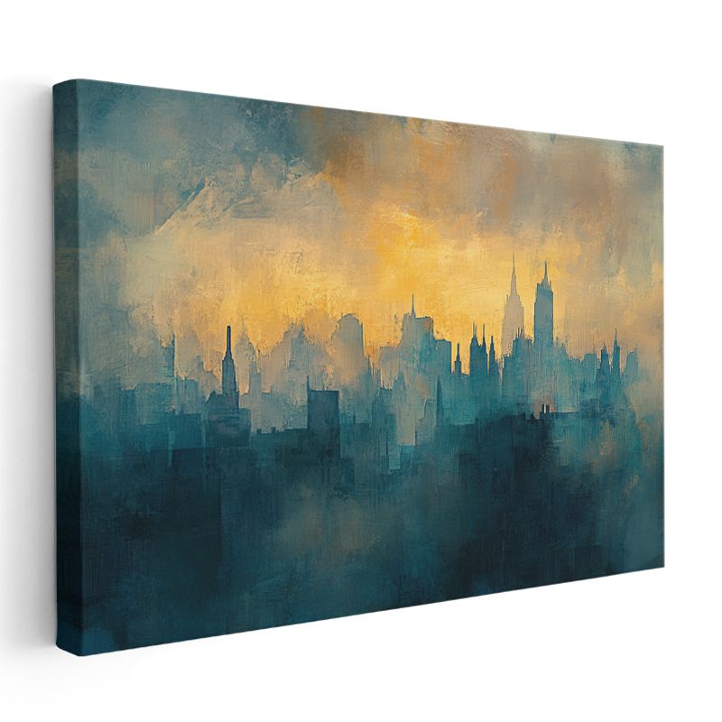 Şehir Silueti - Mavi Sarı Tonlarda Sanatsal Mimari Kanvas Tablo